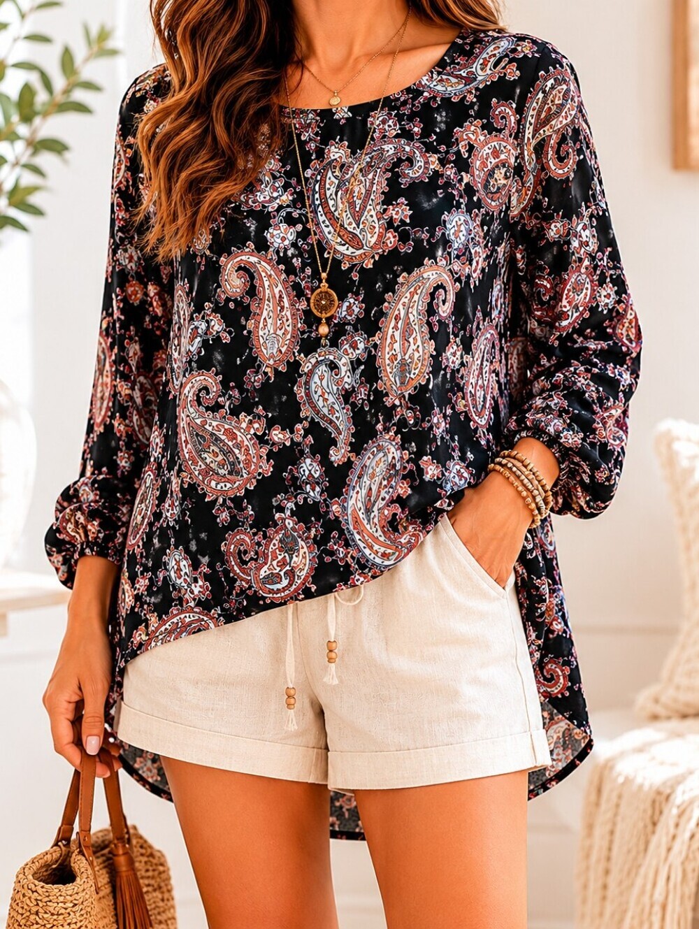 🇨🇦 Paisley Tunic Blouse XL High Low Hem Boho Flowy Top Made in Canada